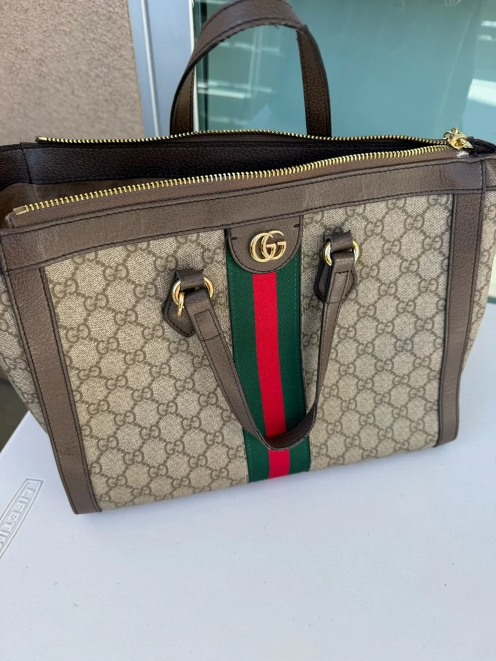 Gucci Beige GG Supreme Canvas Tote with Brown Trim and Green-Red Web - Picture 8 of 8